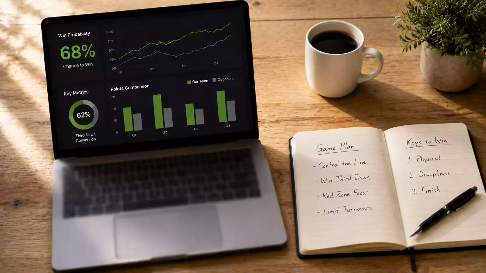 Sports analyst reviewing NFL team performance data and statistics on a laptop screen