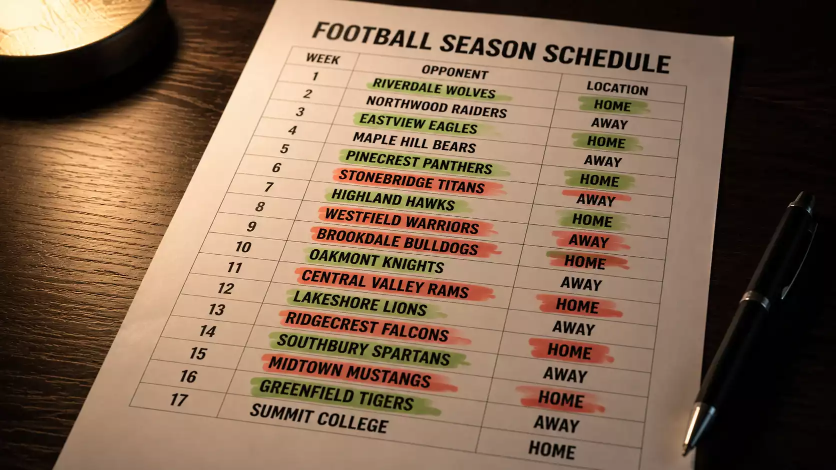 NFL schedule grid with colour-coded opponent strength ratings and futures value indicators